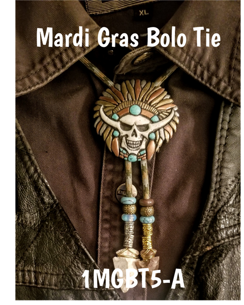 Mardi Gras Skull Medallion Bolo Tie with Authentic, Handmade, Stone Arrowhead - Zambini Bros Bolo Tie Collection
