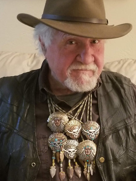 Mardi Gras Skull Medallion Bolo Tie with Authentic, Handmade, Stone Arrowhead - Zambini Bros Bolo Tie Collection