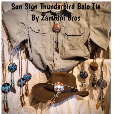 Sun Sign Thunderbird Medallion Bolo Tie with Authentic, Handmade, Stone Arrowheads- Zambini Bros Bolo Tie Collection